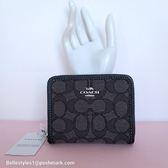 COACH Small Zip Around Wallet  With ID Window In Signature Jacquard -Black SB⭐ - Picture 4 of 16
